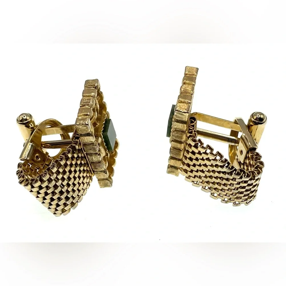Vintage Gold Tone Lattice Mesh Wrap Around Mesh CuffLinks with Green Stone